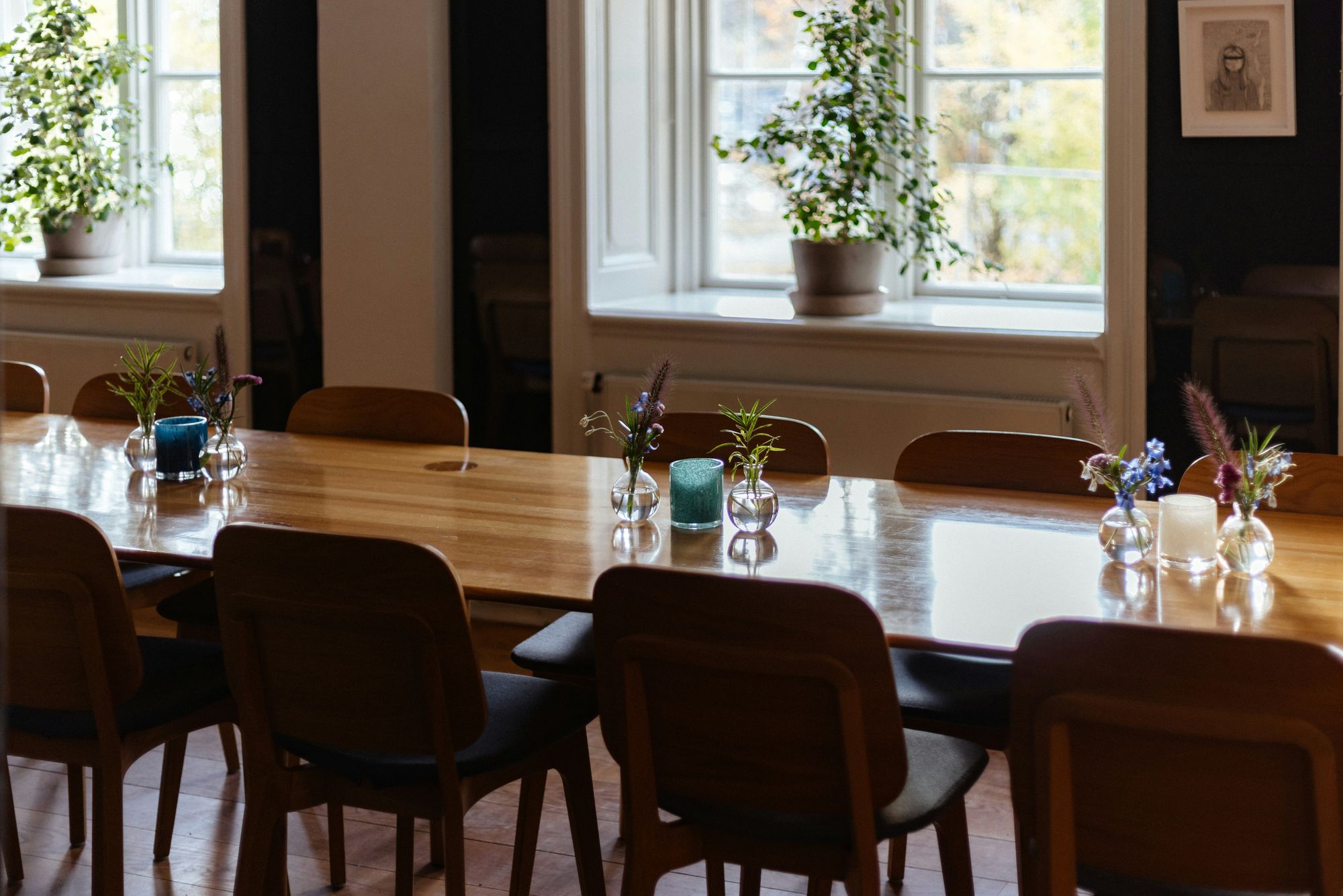 Leerer Raum mit langem Holztisch, Stühlen und Pflanzen am Fenster